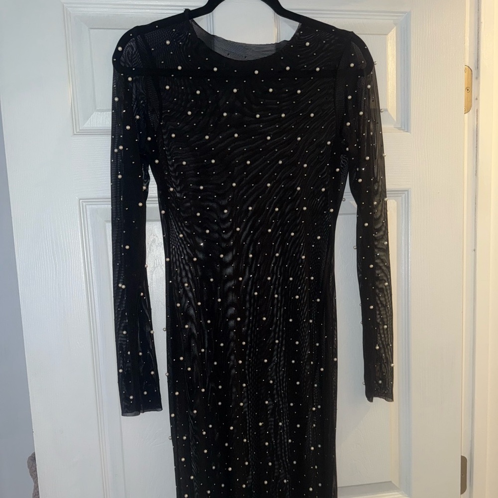 Elegant Black Dress with Pearl Accents